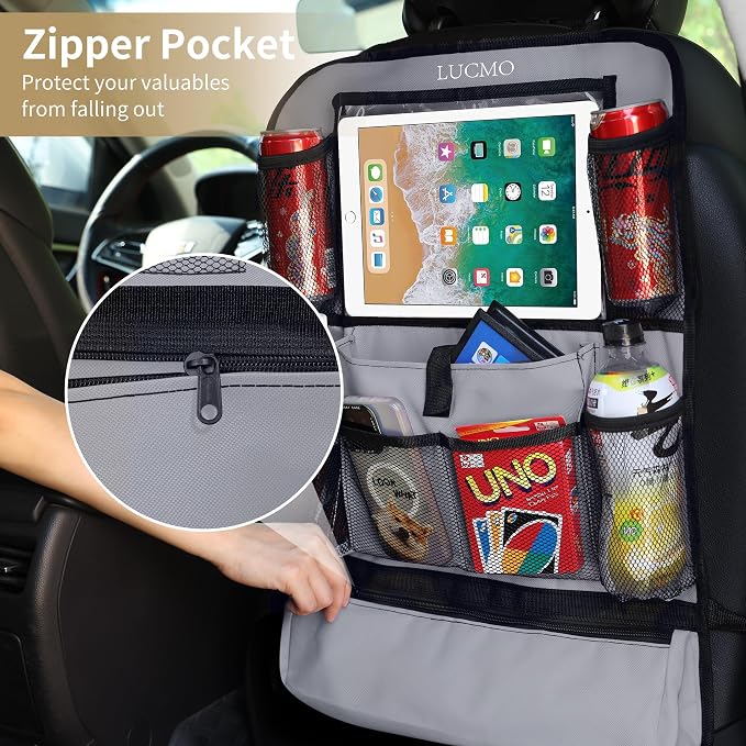 LUCMO Car Backseat Organizer with Touch Screen Tablet Holder, Grey | 2 Pcs,9 Storage Pockets,Clear Tablet Holder,Protectors Kick Mats,Travel Accessories,Seat Cover,Road Trip Essentials - Image 5