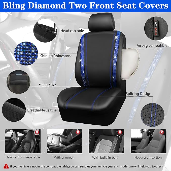 CAR PASS Bling Diamond Car Seat Covers Full Set, Shining Rhinestone Waterproof Faux Leather, Rear with Zipper, Universal Fit Automotive Glitter Crystal Sparkle Strips for Cute Women Girl, Blue - Image 3