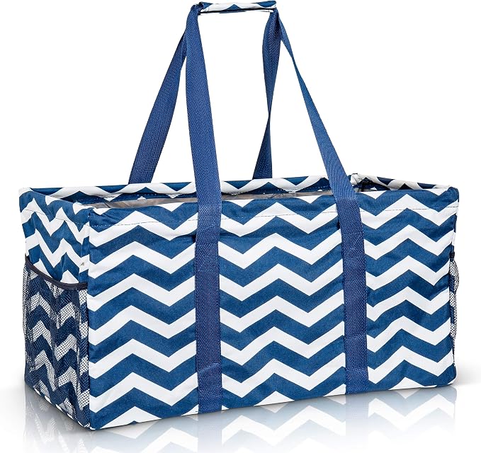 Extra Large Utility Tote Bag, Oversized Collapsible Reusable Wire Frame Rectangular Canvas Basket With Two Exterior Pockets For Beach, Pool, Laundry, Car Trunk, Storage - Chevron Navy by Lucazzi