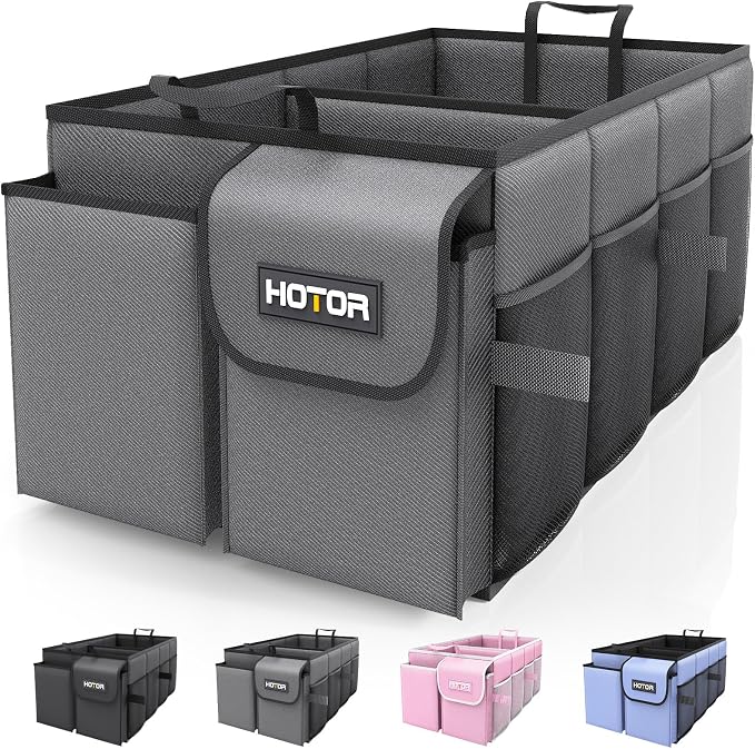 HOTOR Trunk Organizer - Foldable Car Organizer for SUVs & Sedans Storage | Sturdy Car Organization for Men & Women, Car Accessories, Tools, Sundries, Grey, 2 Compartments, 21.3" x 12.6" x 10.6" by HOTOR