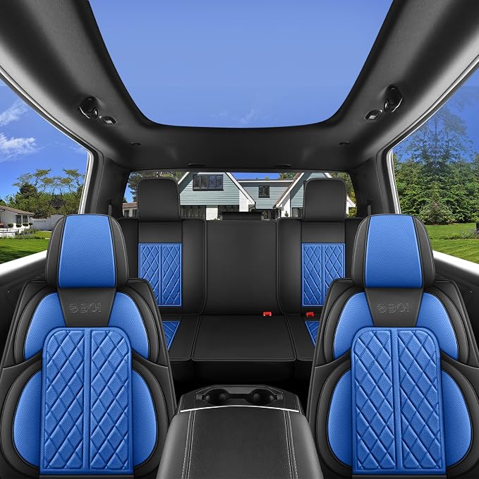 Car Seat Cover Custom Fit for Ford F150 2009-2026 Faux Leather Seat Cover Set Compatible with Regular Cab Super Cab Super Crew Pickup Truck Cushions (Black & Blue, Front Seat) - Image 7