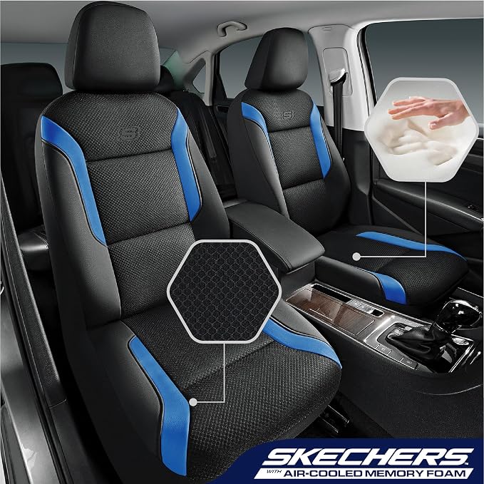 Skechers Memory Foam Car Seat Covers, Air Cool Mesh Thick Seat Covers,Car Seat Covers Front Seats Airbag Compatible, Automotive Comfort & Protection for Most Cars, Vans,Trucks, SUVs,Blue - Image 2
