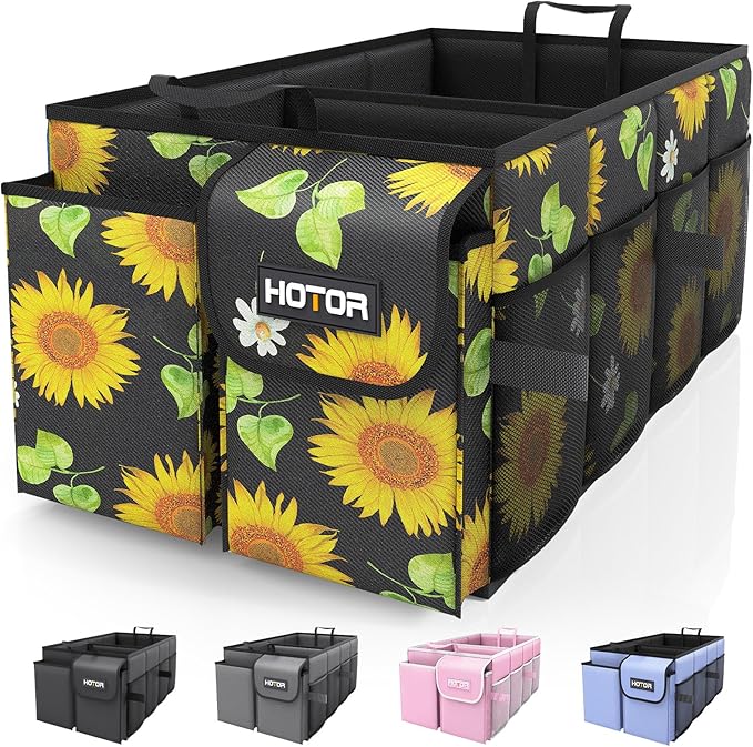 HOTOR Trunk Organizer - Foldable Car Organizer for SUVs & Sedans Storage | Sturdy Car Organization for Men & Women, Car Accessories, Tools, Sundries, Sunflower, 2 Compartments, 21.3" x 12.6" x 10.6" by HOTOR