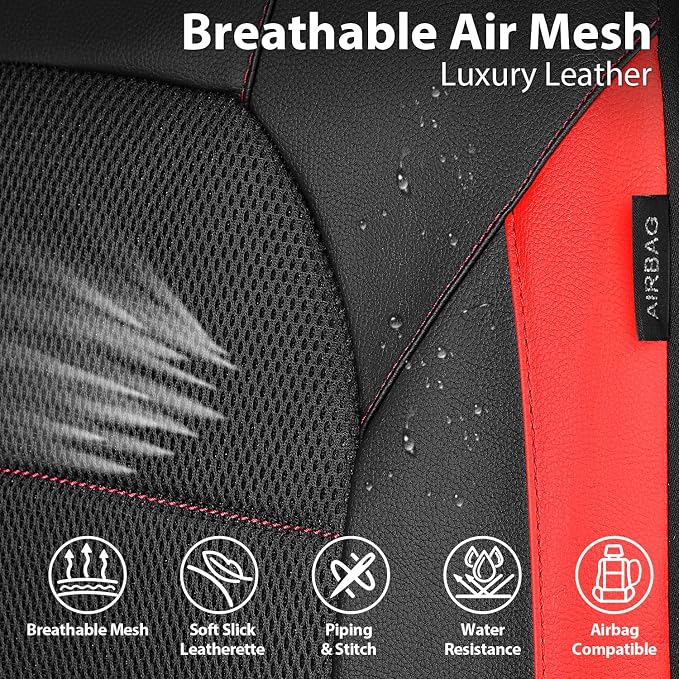 CAR PASS Leather Car Seat Covers Front Seats Only, with Air Mesh Front Seat Covers Breathable, Cool Automotive Seat Covers 2 Pack, Universal Fit Most Cars,SUV,Truck,Van Airbag Compatible(Black & Red) - Image 3