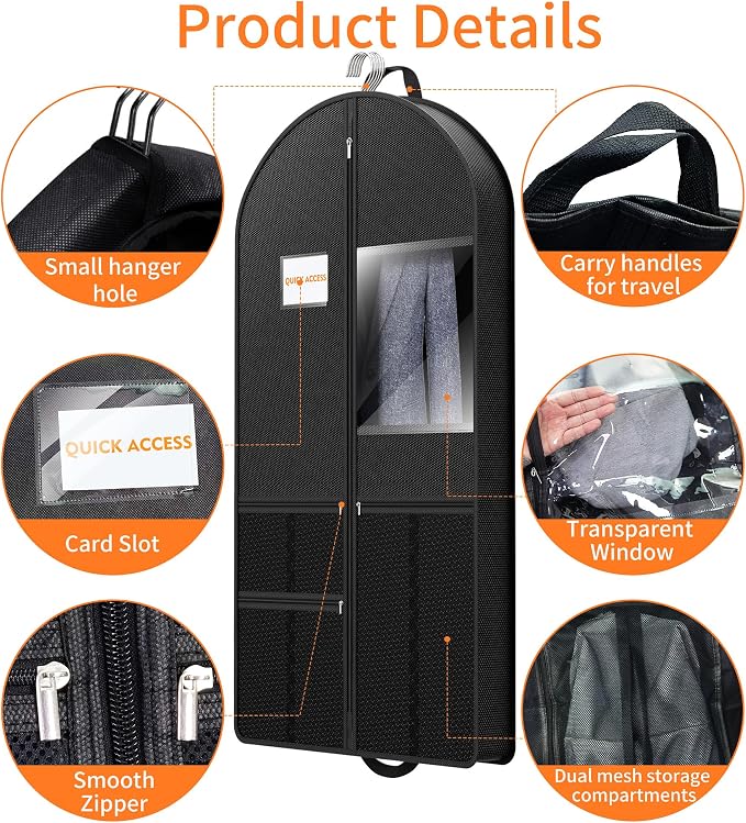 Garment Bag Travel Hanging Clothes: 54 Inch 2 Packs Fabric Breathable Foldable Zippered Pockets - Closet Storage Cover Packable - Men's Suit Shirts Uniform Jacket Jersey Tuxedo - Image 4