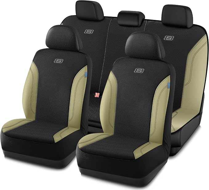 Skechers Car Seat Covers, Work Leather Seat Covers 5-Times Stronger Built-in Webbing,Oxford Fabric Seat Cover Full Sets, Airbag Compatible, Automotive Comfort for Cars,Trucks,SUVs,Beige by Unknown