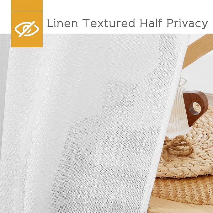 RYB HOME White Semi Sheer Curtains 63 inches Long for Bedroom | Linen Textured Blend, Privacy, Light Airy Sheers, Light Filtering for Bathroom Living Room Cafe, White, W70 x L63, 2 Panels - Image 4