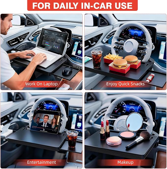 Steering Wheel Tray Table, Car Desk for Laptop, Multipurpose Car Food Tray for Eating and Working, Adjustable Car Tray with Anti-Slip Protective Adhesive for Car - Image 3