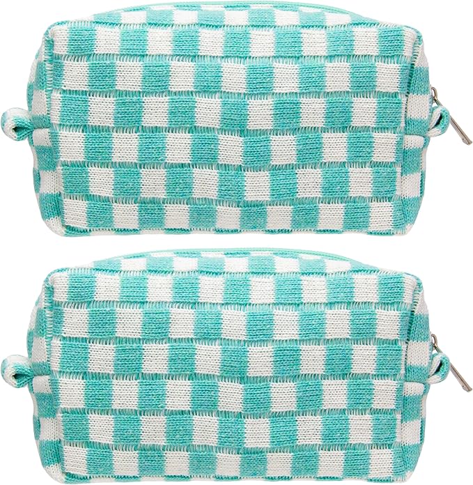 Checkered Makeup Bag for Purse, Small Cosmetic Pouch,Arctic Blue,2 Pack | Cute Zipper Makeup Organizer for Women, Travel Essentials, Toiletries, Makeup Brushes, Beauty Accessories&Bridesmaid Gifts by PAZIMIIK