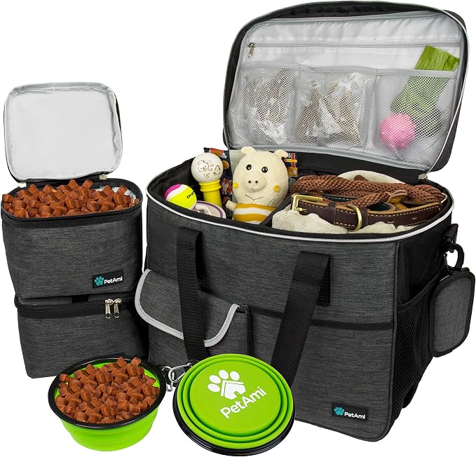 PetAmi Dog Travel Bag Organizer, Pet Supplies Diaper Tote, Dark Gray Large | Pet Travel Kit with 2 Food Containers & 2 Collapsible Dog Bowls, Luggage Sleeve, Weekend Getaway Road Trip Camping Essentials by PetAmi