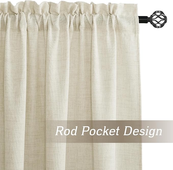 RYB HOME Living Room and Dining Room Curtains 108 inches Long | Light Filtering, Weave Textured/Rod Pocket, Cream Colored, W52 x L108, 2 Panels Set - Image 2