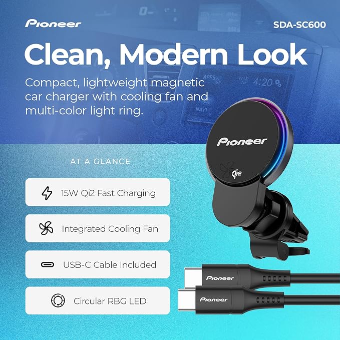 Pioneer Qi2 MagSafe Wireless Car Charger and Phone Mount | MagSafe Compatible, Air Vent Mount, Cooling Fan, RGB Illumination, Includes Metal Ring - Image 4