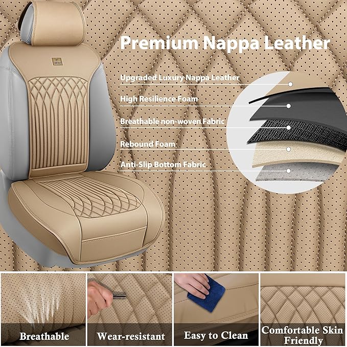 CAR PASS Car Seat Protector, 2 Pack Sideless Nappa Leather Seat Covers for Cars, All Season Waterproof Breathable Front Seats Cushion with Storage Pocket Universal Fit Vehicle Car SUV Truck, All Beige - Image 4