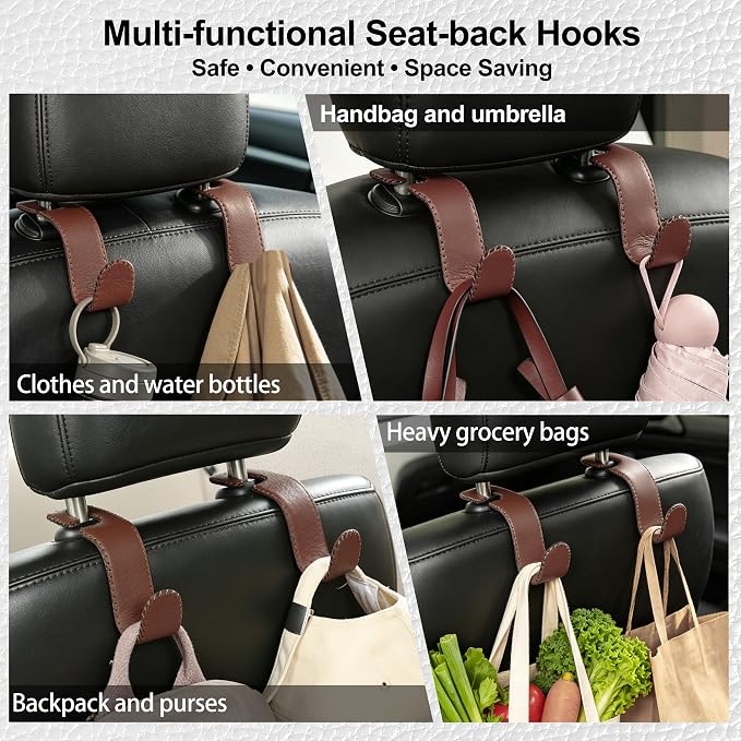 Car Seat Headrest Hook Heavy Duty 55lb Metal Hanger with Leather for Bags | Universal Vehicle Seat Back Organizer, Ergonomic Design, Hang Groceries Handbag Backpack Water Bottle, 2 Pack Brown - Image 2