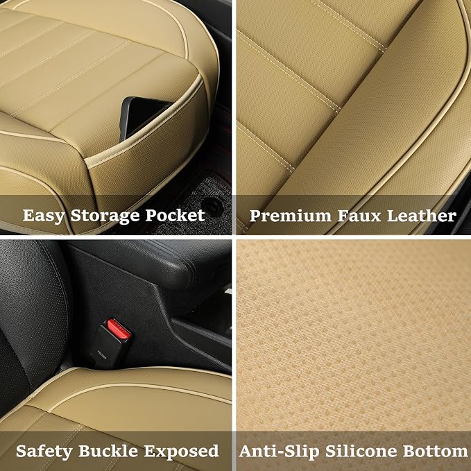 1 Pack Leather Front Car Seat Covers,Bottom Seat Covers for Cars,Driver Car Seat Cover,Luxury Seat Protectors,Waterproof,Full Wrap,for Most Vehicles,Sedan,Truck,SUV(Beige) - Image 2