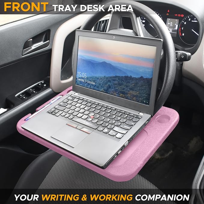 EcoNour 2 in 1 Car Steering Wheel Desk | Steering Wheel Tray for Laptop | Pink Food Table Tray for Eating with Drinks Holder | Car Accessories - Image 2