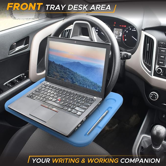 EcoNour 2 in 1 Car Steering Wheel Desk | Steering Wheel Tray for Laptop | Car Mount with Pen Holder | Car Food Tray for Eating with Drinks Holder | Multipurpose Travel Car Accessories | Blue - Image 2