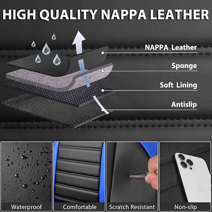 CAR PASS Nappa Leather Car Seat Covers Full Set, Luxury Seat Protector for Cars, Waterproof Anti-Slip Seat Cushion Armrest Compatible Airbag Universal for Sedan SUV Pick-up Truck Auto, Black Blue - Image 7