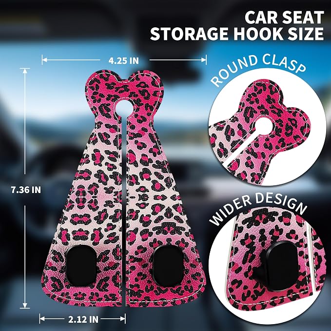 XIANGYUAN 2PCS PU Leather Car Seat Back Storage Headrest Hook,Purse Holder Bags Hanger,Women Car Accessories Organization(Pink leopard print) - Image 3