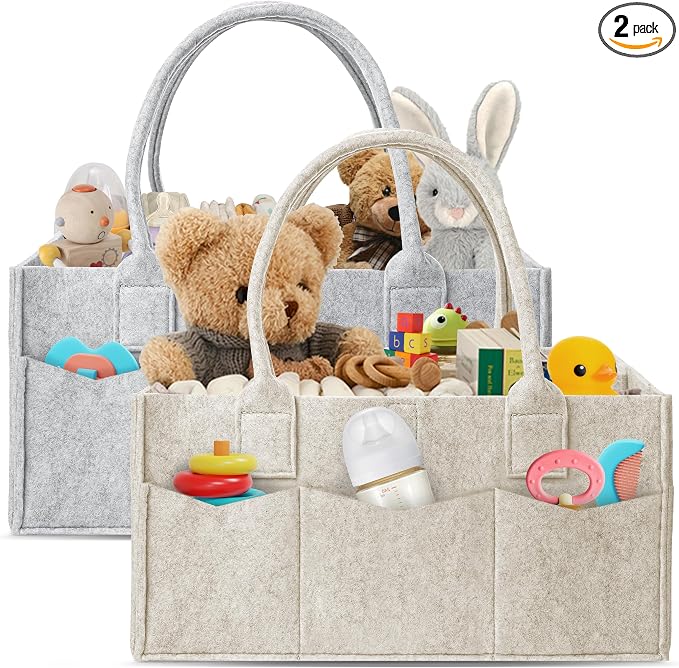 HIPHOP PANDA 2-Pack Diaper Caddy Organizer - Newborn Essentials Baby Registry Must Haves - Sturdy Nursery Storage Bin & Portable Car Caddy for Diapers & Wipes - Grey/Oatmeal Gift Set by HIPHOPPANDA