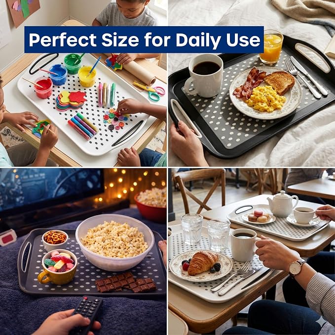 Food Trays for Eating on Couch - 2 Pack - Non Slip Dinner Trays for Eating Set of 2 Non Slip Serving Tray and Food Tray with Handles (White) - Image 5