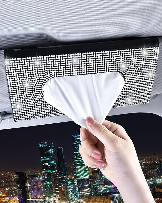 Bling Car Sun Visor Tissue Box Holder, PU Leather Car Napkin Holder, Black | Car Tissue Holder, PU Leather, with Crystal Rhinestones, Backseat Napkin Case, auto interior Accessories, for Women by Xuduvay