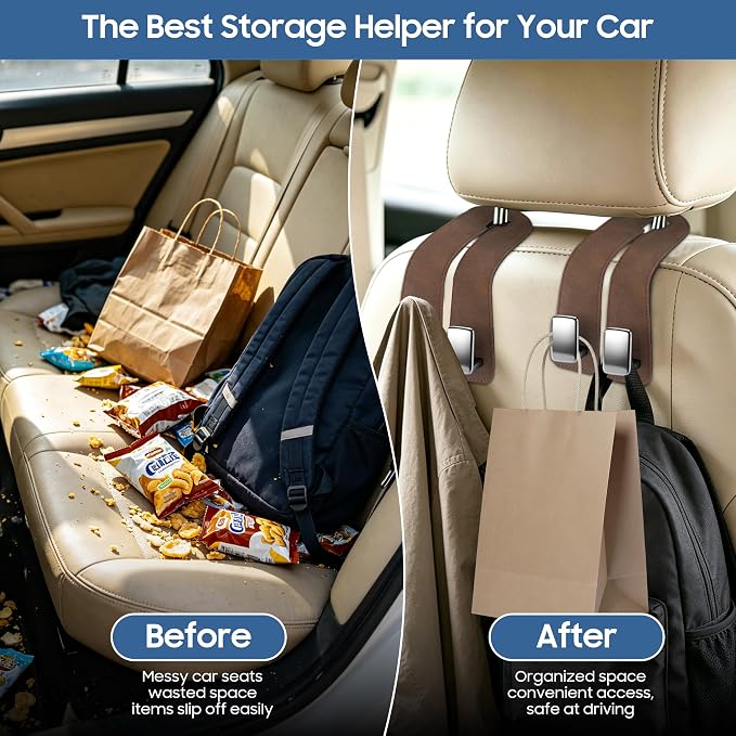 Amooca Car Headrest Hooks 4-Pack Suede Seat Organizer with Metal Core | Universal Fit, Double-hook Design, Backseat Storage for Backpack Umbrella Water Bottle Coat Purses Handbags Groceries, Brown - Image 4