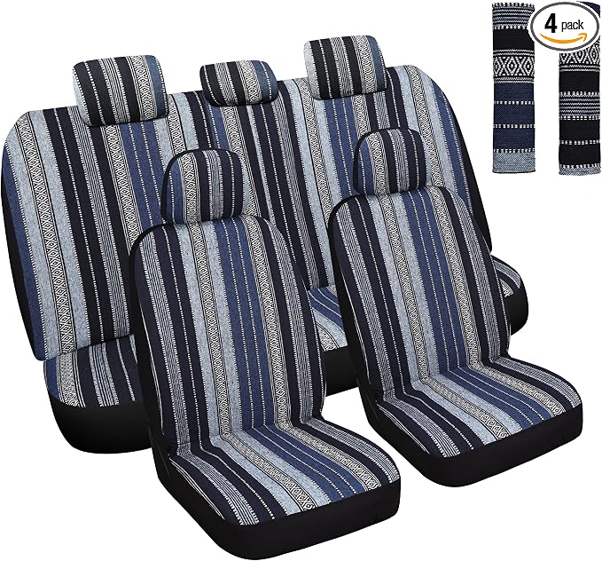 HAIYAOTIMES Baja Saddle Blanket Car Seat Covers Full Set with Seat Belt Pads, Washable Breathable Seat Covers for Cars, Universal Fit Interior Covers for Most Sedan Truck SUV, Airbag Compatible, Blue by HAIYAOTIMESAUTO
