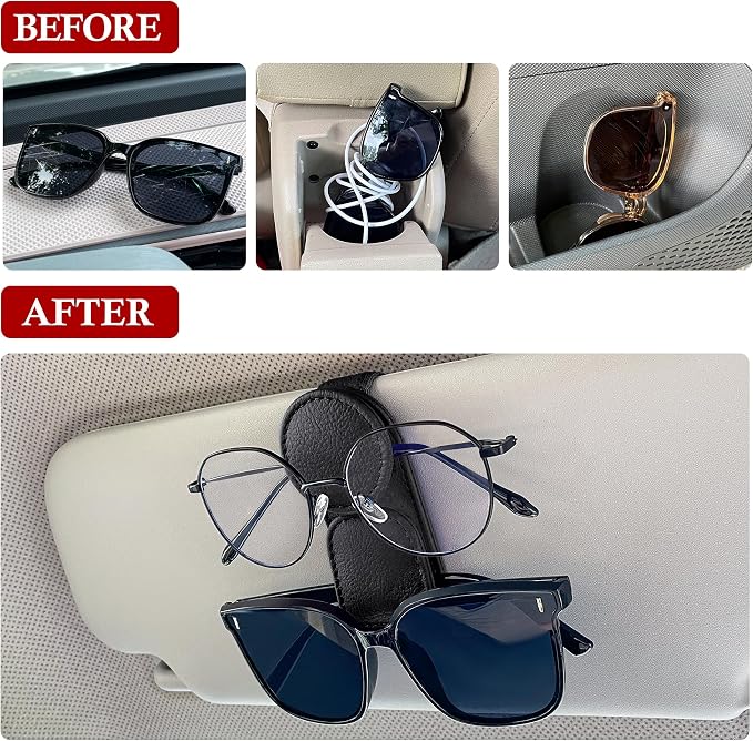 KIWEN 2 Pack Sunglasses Holder for Car Visor, Magnetic Leather Sunglass Eyeglass Hanger Clip for Car Sun Visor Accessories (2, Black) - Image 2