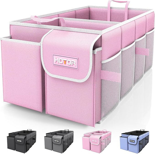 HOTOR Trunk Organizer - Foldable Car Organizer for SUVs & Sedans Storage | Sturdy Car Organization for Men & Women, Car Accessories, Tools, Sundries, Pink, 2 Compartments, 21.3" x 12.6" x 10.6" by HOTOR