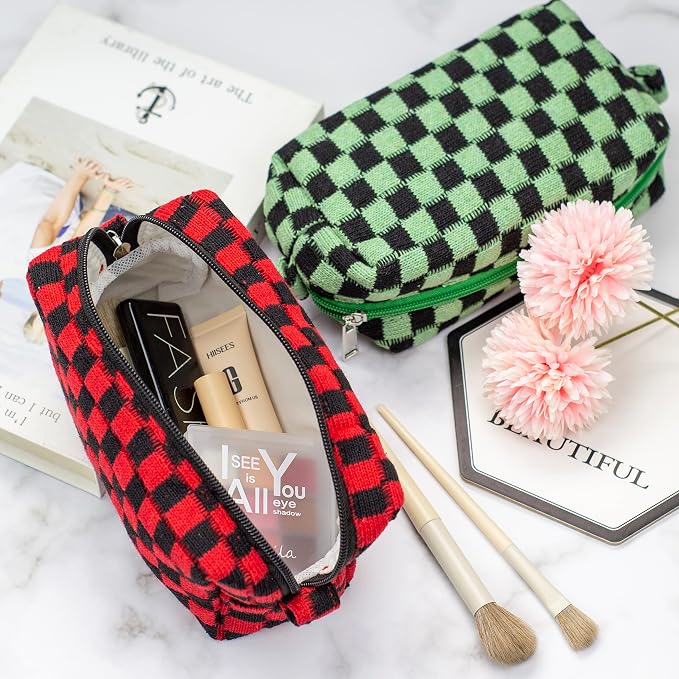 Checkered Makeup Bag for Purse, Small Travel Cosmetic Pouch,Red Black | Cute Zipper Makeup Organizer for Women, Travel Essentials, Toiletries, Makeup Brushes, Beauty Accessories&Bridesmaid Gifts - Image 4