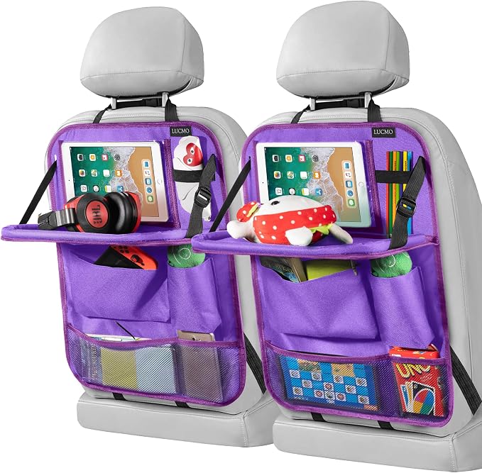 LUCMO Car Backseat Organizer with Foldable Tablet Holder, Dark Purple | 2 Pcs,6 Storage Pockets,Foldable Food Tray,Protectors Kick Mats,Travel Accessories,Seat Cover,Road Trip Essentials by LUCMO