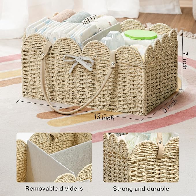 Angelhood Paper Rope Diaper Caddy, Scalloped Baskets with Removable Divider | Woven Floral Baby Diaper Organizer for Changing Table,Baby Shower Gifts,Portable Car Organizer for Diapers - Image 2
