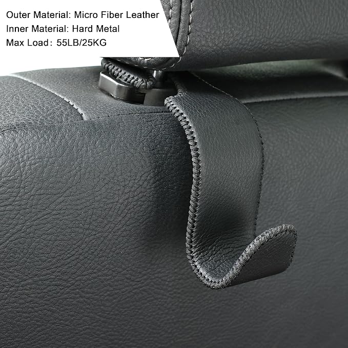 4-Pack Car Headrest Hooks Holds 55lbs Seat Storage Organizer for Bags | Fiber Leather, Durable Metal, Car Hanger for Backpack Umbrella Water Bottle Coat Purses Handbags Groceries, Black - Image 5