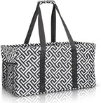Extra Large Utility Tote Bag - Oversized Collapsible Reusable Wire Frame Rectangular Canvas Basket With Two Exterior Pockets For Beach, Pool, Laundry, Car Trunk, Storage - Geometrc Black by Lucazzi