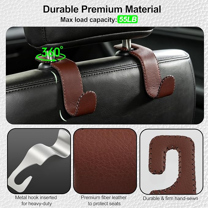 Car Seat Headrest Hook Heavy Duty 55lb Metal Hanger with Leather for Bags | Universal Vehicle Seat Back Organizer, Ergonomic Design, Hang Groceries Handbag Backpack Water Bottle, 2 Pack Brown - Image 3
