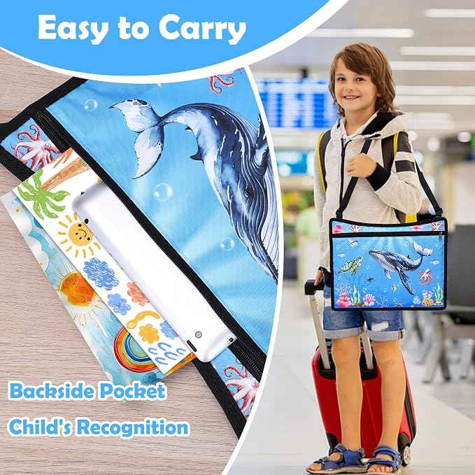 Toddler Car Seat Travel Tray FOR Road Trip Activities, Whale | Travel Tray With 16.7" x 13.4" Smooth Dry Erase Board, Cup holders, Ddjustable Strap & Shoulder Carry Strap - Image 4