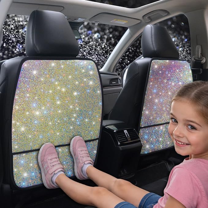 Diamond Bling Car Seat Kick Protectors with Storage – Sparkly Rhinestone Kick Mats, Universal Back Seat Cover for SUV, Crystal Auto Accessories for Stylish Moms Color 2pcs by Pirador