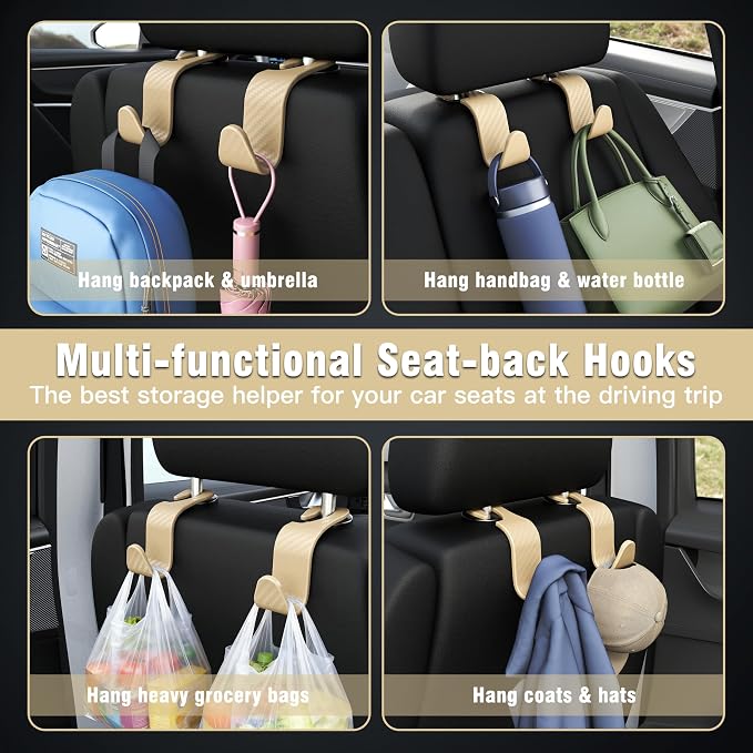 4-Pack Car Headrest Hooks Holds 55lbs Seat Storage Organizer for Bags | Durable ABS Material, 360° Rotating, Car Hanger for Backpack Umbrella Water Bottle Coat Handbags Groceries, Checkered Beige - Image 4
