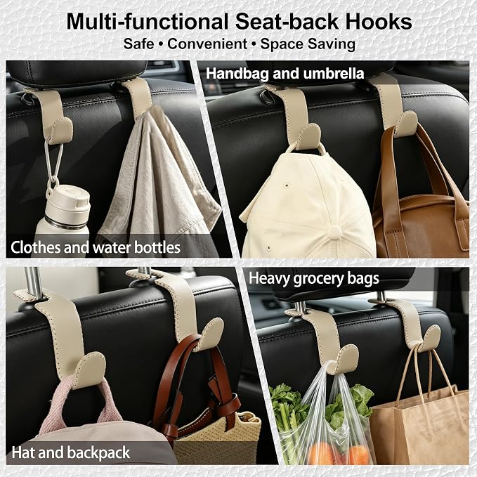 Car Seat Headrest Hook Heavy Duty 55lb Metal Hanger with Leather for Bags | Universal Vehicle Seat Back Organizer, Ergonomic Design, Hang Groceries Handbag Backpack Water Bottle, 2 Pack Beige - Image 3