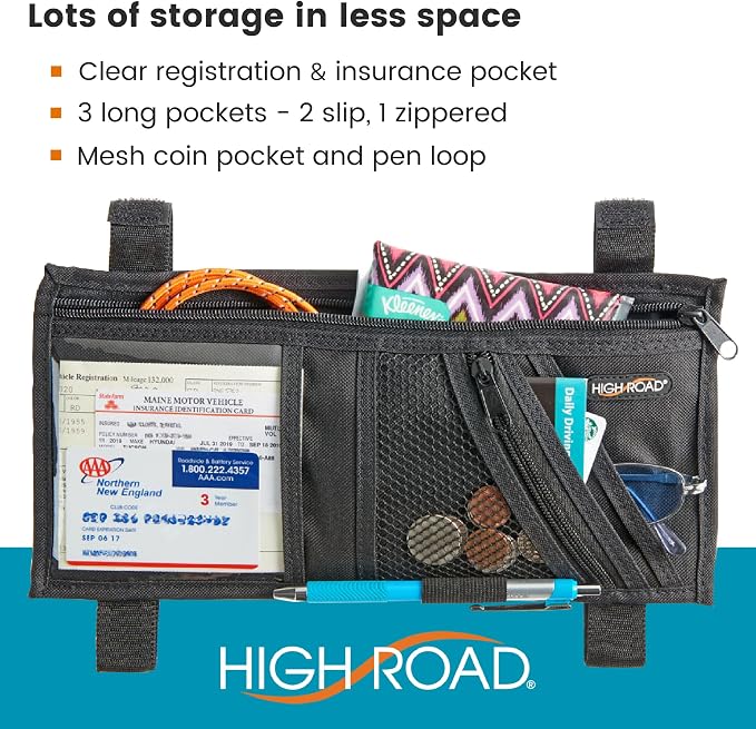 High Road Car Visor Organizer with Zippered Pockets, Sunglasses Sleeve and Clear Photo or Registration and Insurance Pocket - Heavy Duty Straps Fit Most Car, SUV and Truck Visors (Black) - Image 4