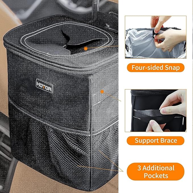 HOTOR Car Trash Can, Compact Waterproof Organizer, Leak-Proof Bin, 3-Gallon | Black, Multifunctional Car Accessory with Adjustable Straps & Magnetic Snaps for Interior Car Storage - Image 7