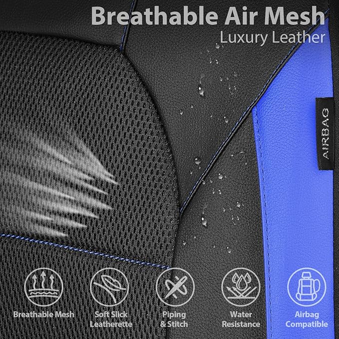 CAR PASS Leather seat Covers,Automotive Universal Sport car seat Cover Super 5mm Composite Sponge Inside,Airbag Compatible fits Most Cars, SUVs, Trucks, and Vans (Full Set,Black and Blue) - Image 4