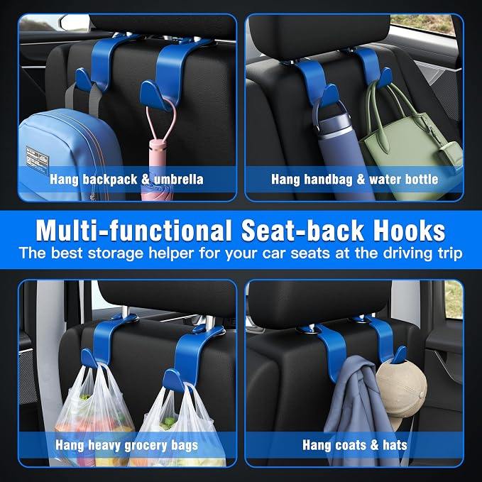 4-Pack Car Headrest Hooks Holds 55lbs Seat Storage Organizer for Bags | Durable ABS Material, 360° Rotating, Car Hanger for Backpack Umbrella Water Bottle Coat Purses Handbags Groceries, Blue - Image 3