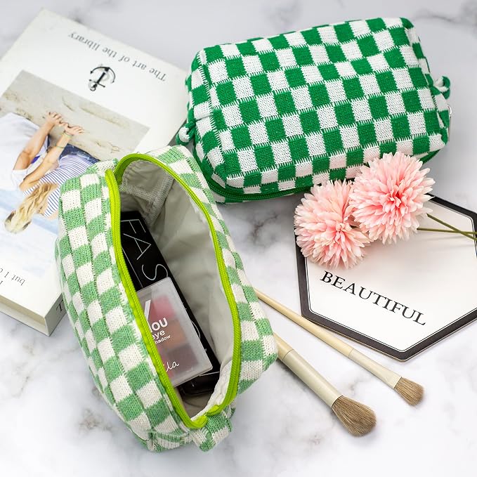 Checkered Makeup Bag for Purse, Small Cosmetic Pouch,Light Green,2 Pack | Cute Zipper Makeup Organizer for Women, Travel Essentials, Toiletries, Makeup Brushes, Beauty Accessories&Bridesmaid Gifts - Image 3