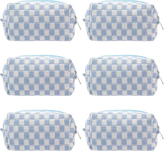 Checkered Makeup Bag for Purse, Small Travel Cosmetic Pouch,Blue,6 Pack | Cute Zipper Makeup Organizer for Women, Travel Essentials, Toiletries, Makeup Brushes, Beauty Accessories&Bridesmaid Gifts by PAZIMIIK