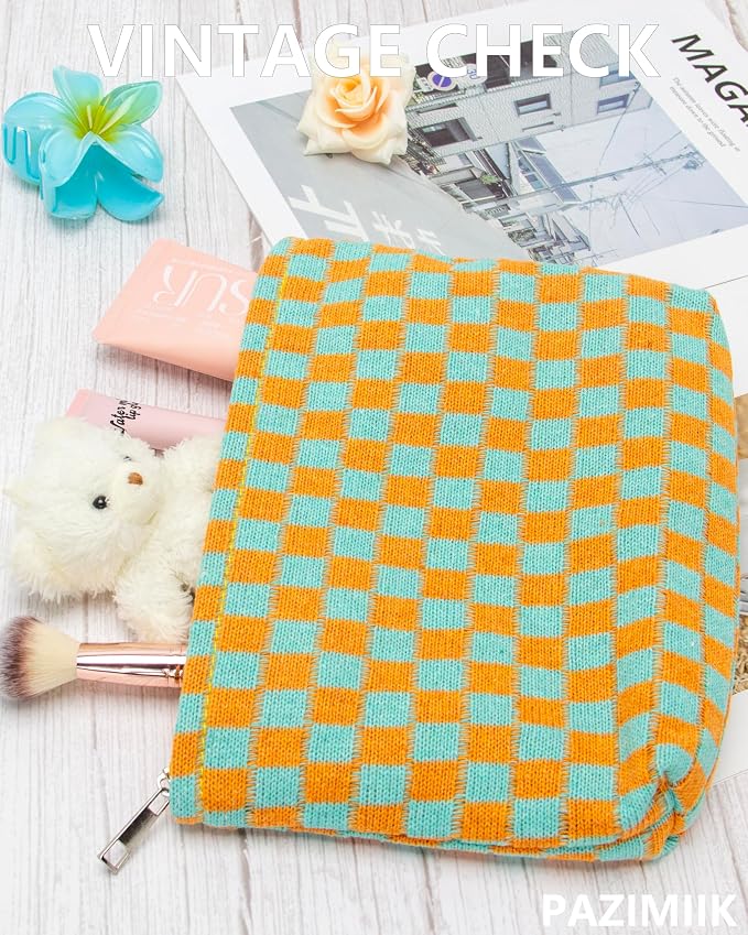 Checkered Makeup Bag for Purse, Small Flat Cosmetic Pouch,Orange Green | Cute Zipper Makeup Organizer for Women, Travel Essentials, Toiletries, Makeup Brushes, Beauty Accessories&Bridesmaid Gifts - Image 3