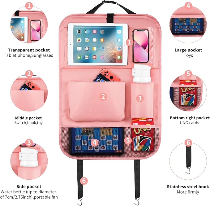 LUCMO Car Backseat Organizer with Foldable Tablet Holder, Pink | 2 Pcs,6 Storage Pockets,Foldable Food Tray,Protectors Kick Mats,Travel Accessories,Seat Cover,Road Trip Essentials - Image 2