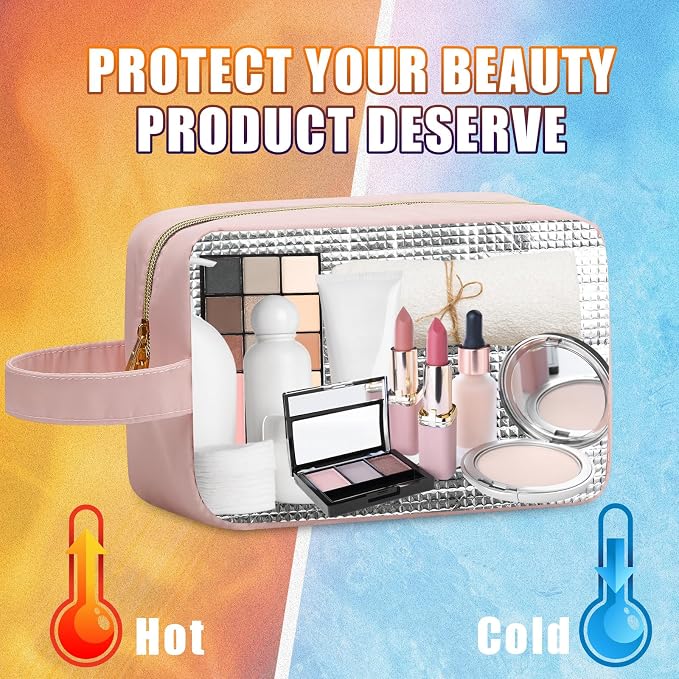 Kacctyen Insulated Makeup Bag for Car Women Cosmetics Bag Heat-resistant Travel Makeup Organizer Waterproof Skincare Case from Melting Freezing Winter Valentines Gift for Women(Medium,Portable,Pink) - Image 4