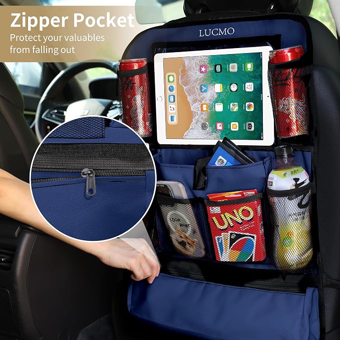 LUCMO Car Backseat Organizer with Touch Screen Tablet Holder,Dark Blue | 2 Pcs,9 Storage Pockets,Clear Tablet Holder,Protectors Kick Mats,Travel Accessories,Seat Cover,Road Trip Essentials - Image 5